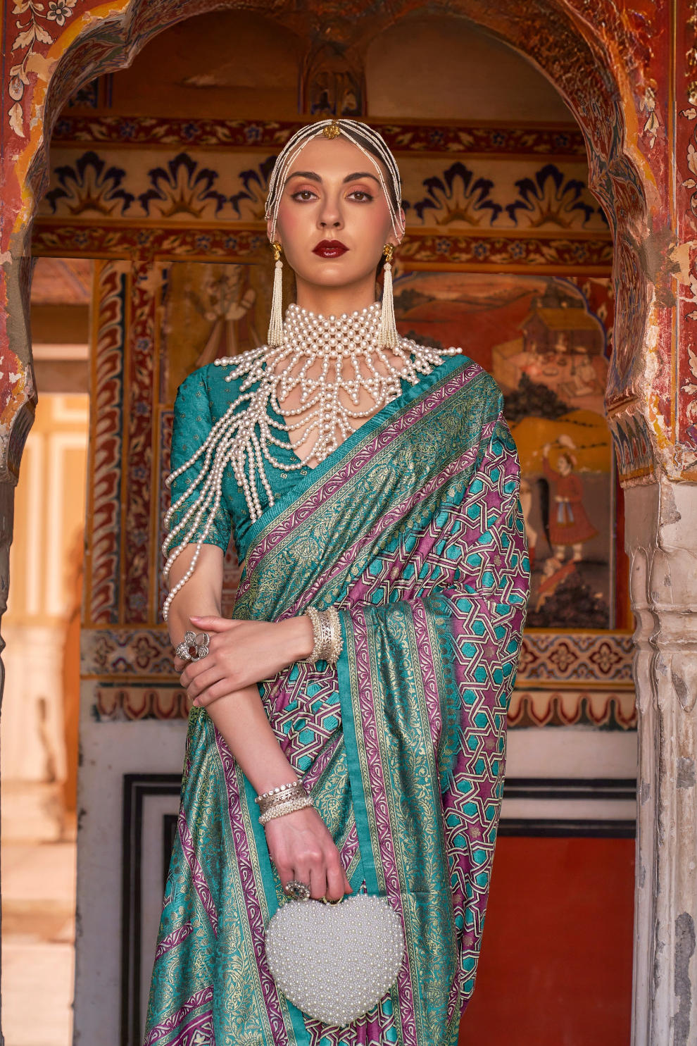 Designer Mercerized Silk Saree with Ajrakh-Batik Fusion and Golden Print