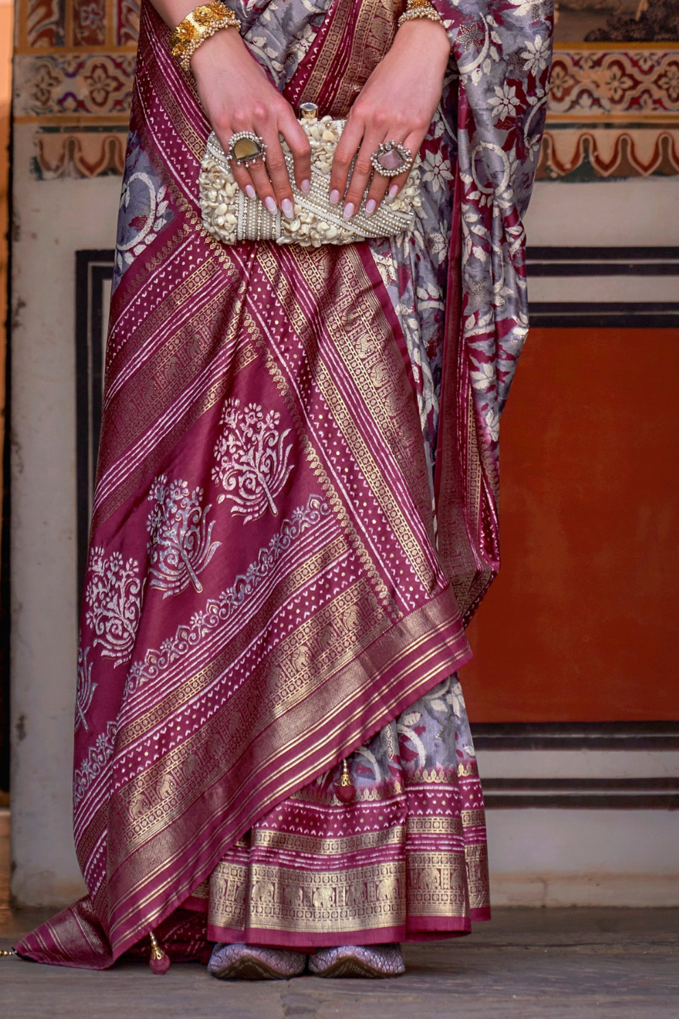 Designer Mercerized Silk Saree with Ajrakh-Batik Fusion and Golden Print