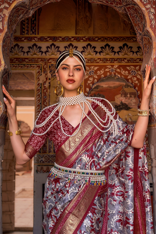 Designer Mercerized Silk Saree with Ajrakh-Batik Fusion and Golden Print