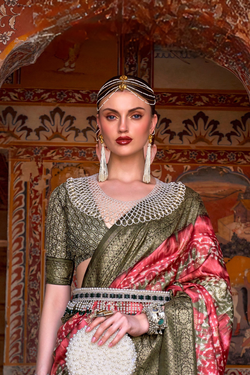 Designer Mercerized Silk Saree with Ajrakh-Batik Fusion and Golden Print