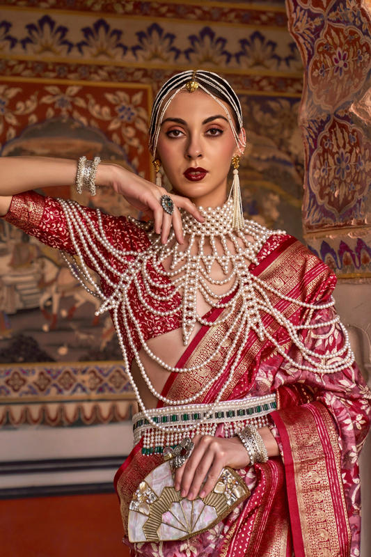 Designer Mercerized Silk Saree with Ajrakh-Batik Fusion and Golden Print