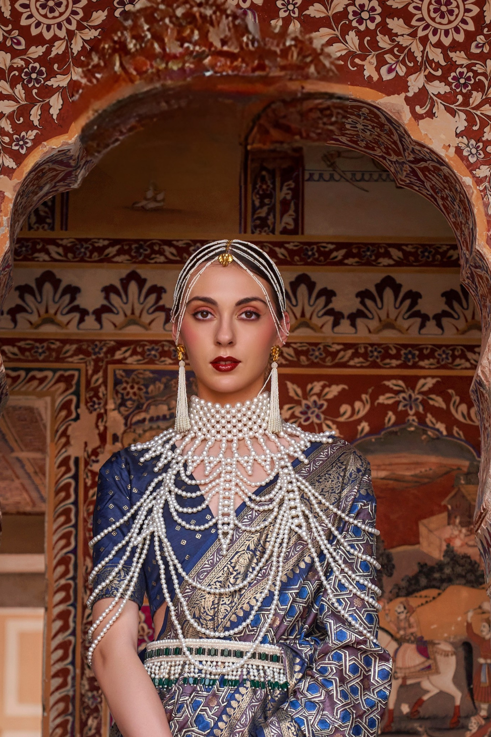 Designer Mercerized Silk Saree with Ajrakh-Batik Fusion and Golden Print