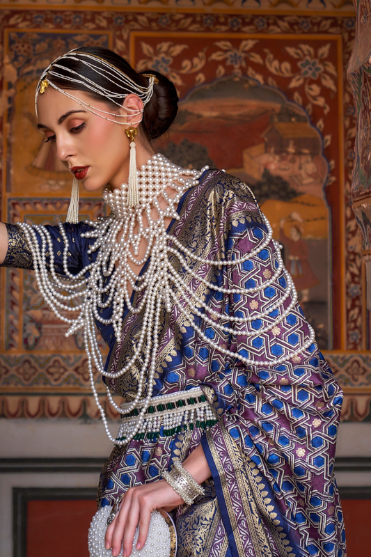 Designer Mercerized Silk Saree with Ajrakh-Batik Fusion and Golden Print