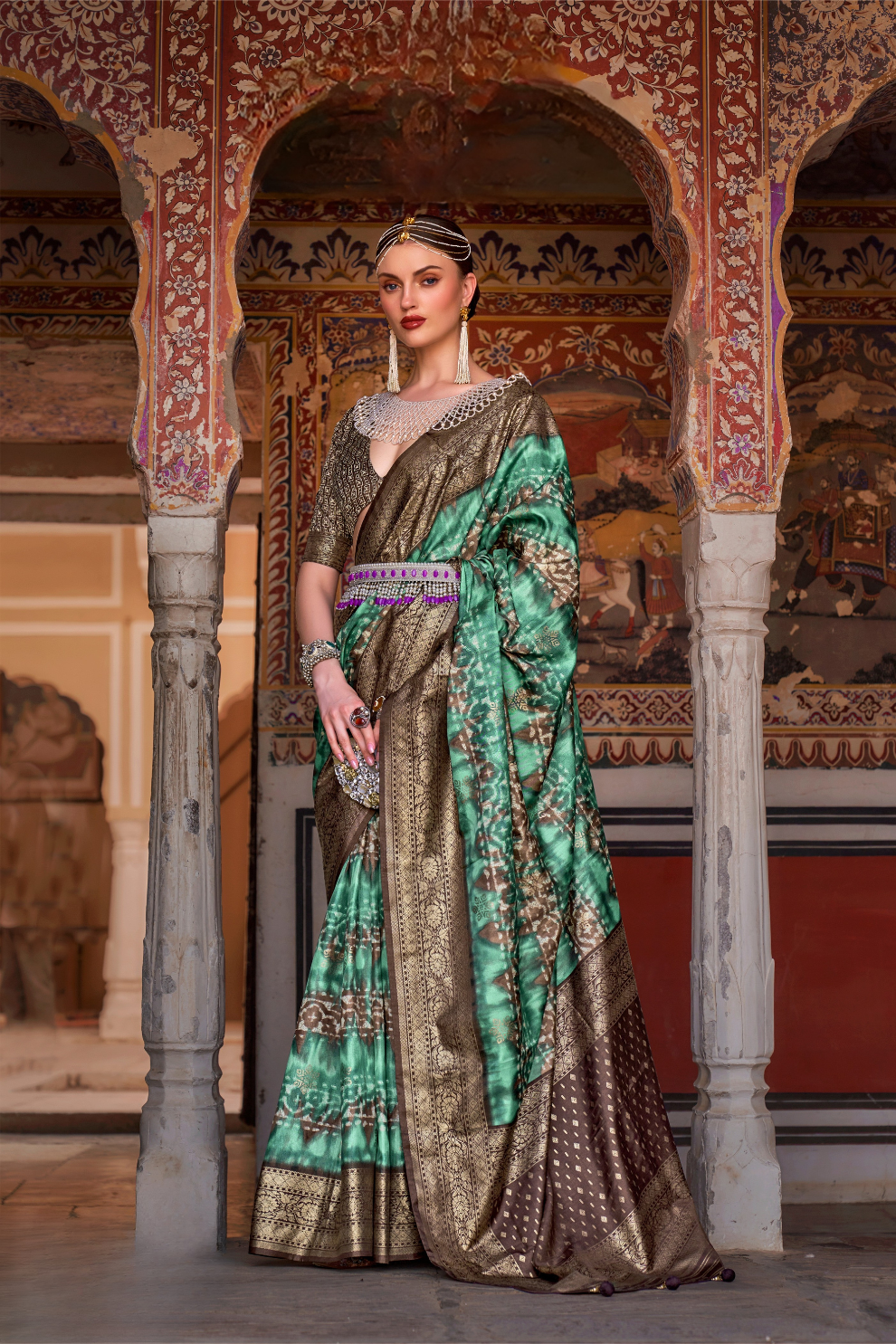 Designer Mercerized Silk Saree with Ajrakh-Batik Fusion and Golden Print