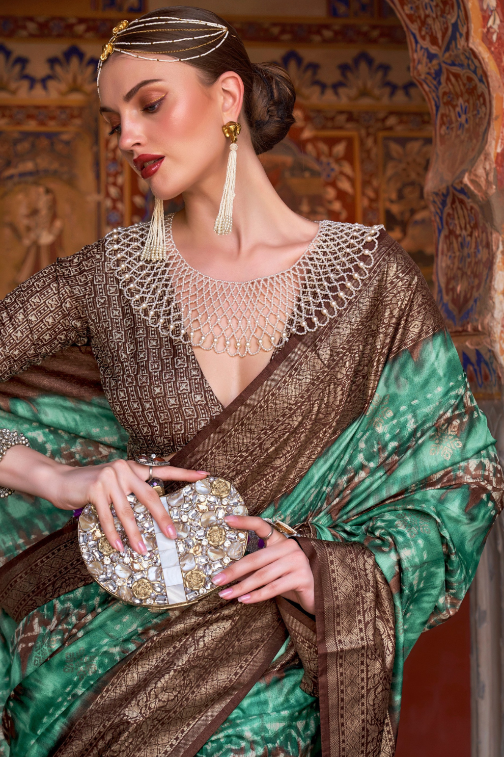 Designer Mercerized Silk Saree with Ajrakh-Batik Fusion and Golden Print