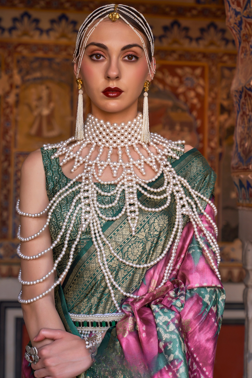 Designer Mercerized Silk Saree with Ajrakh-Batik Fusion and Golden Print