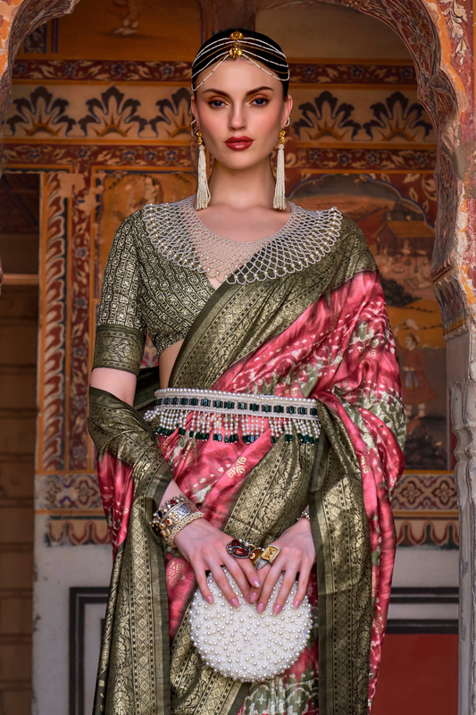 Designer Mercerized Silk Saree with Ajrakh-Batik Fusion and Golden Print
