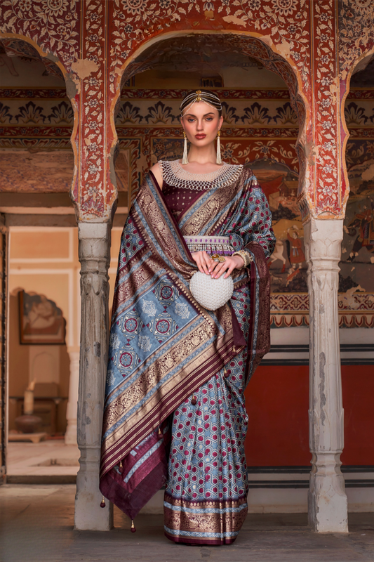 Designer Mercerized Silk Saree with Ajrakh-Batik Fusion and Golden Print