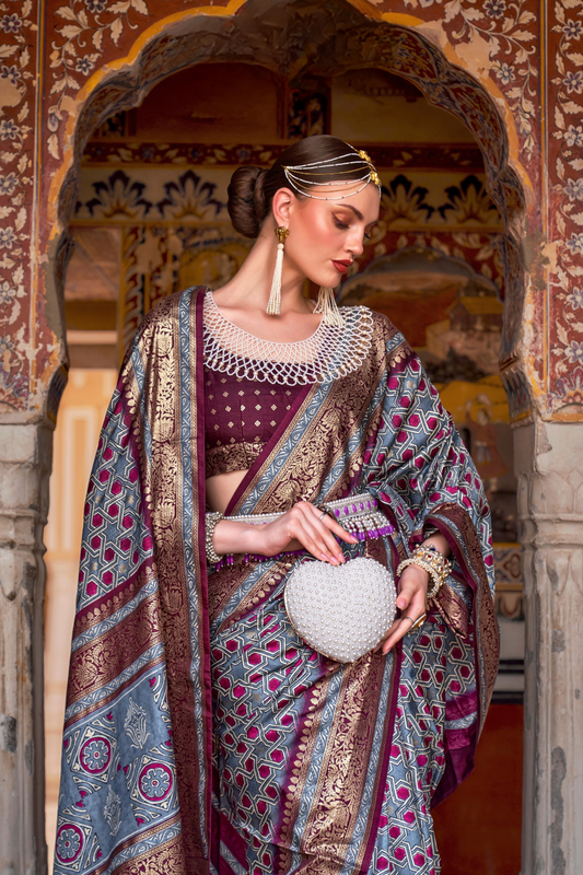 Designer Mercerized Silk Saree with Ajrakh-Batik Fusion and Golden Print