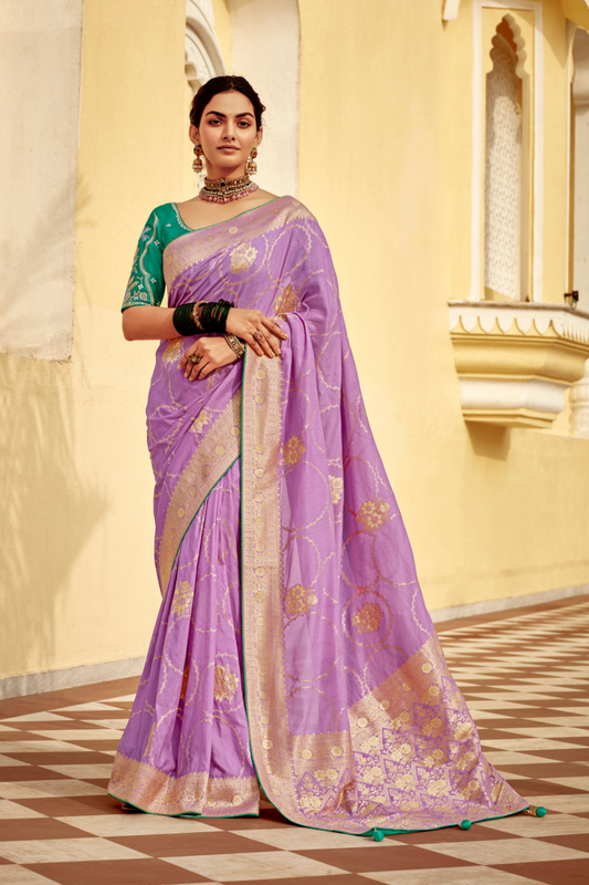 Banarasi Silk Saree with Elegant Contrast Blouse Design