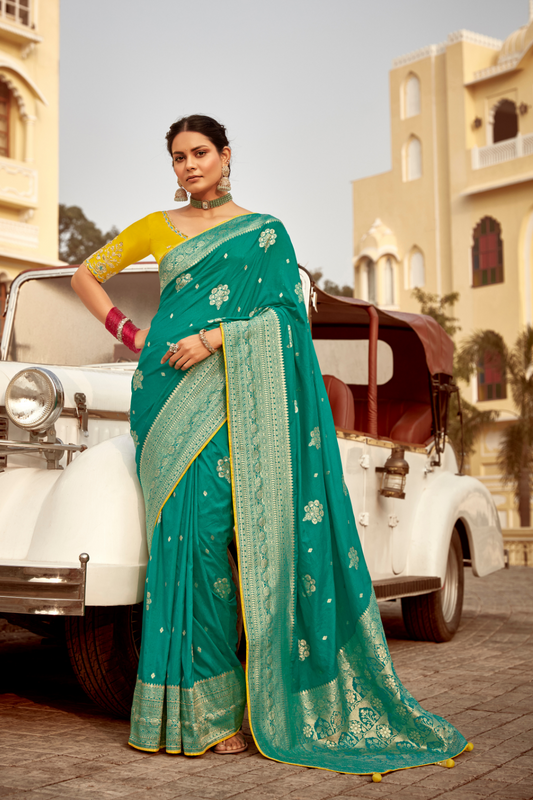 Banarasi Silk Saree with Elegant Contrast Blouse Design