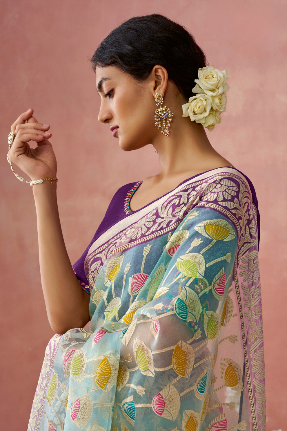 Brasso Teal Printed Saree for Elegant Festive Wear