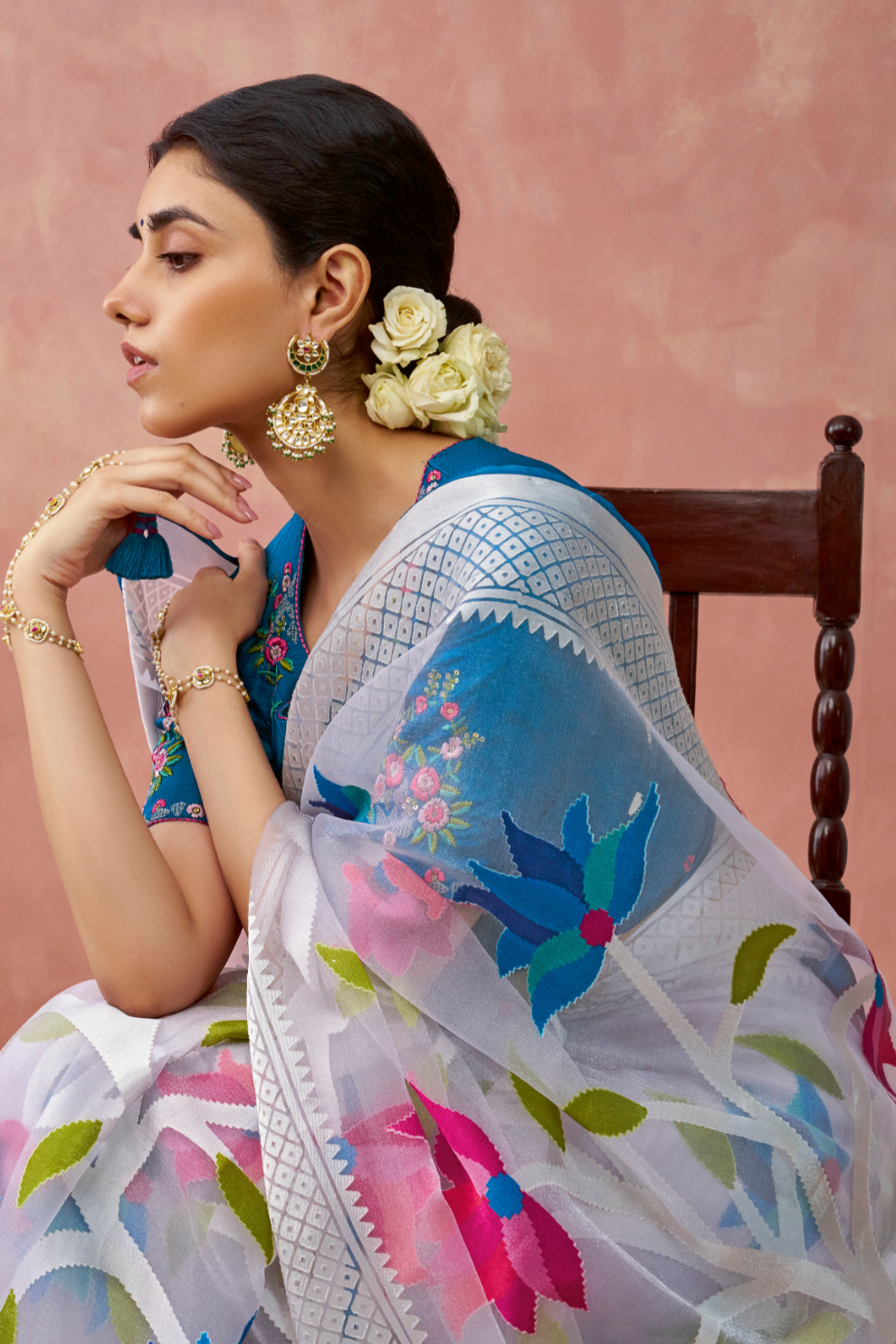 Brasso Teal Printed Saree for Elegant Festive Wear