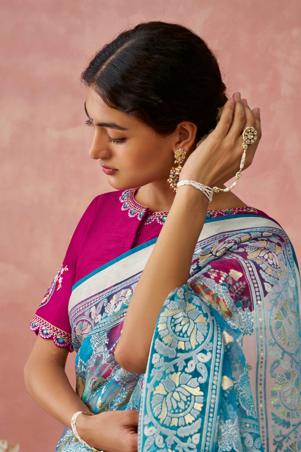 Brasso Teal Printed Saree for Elegant Festive Wear