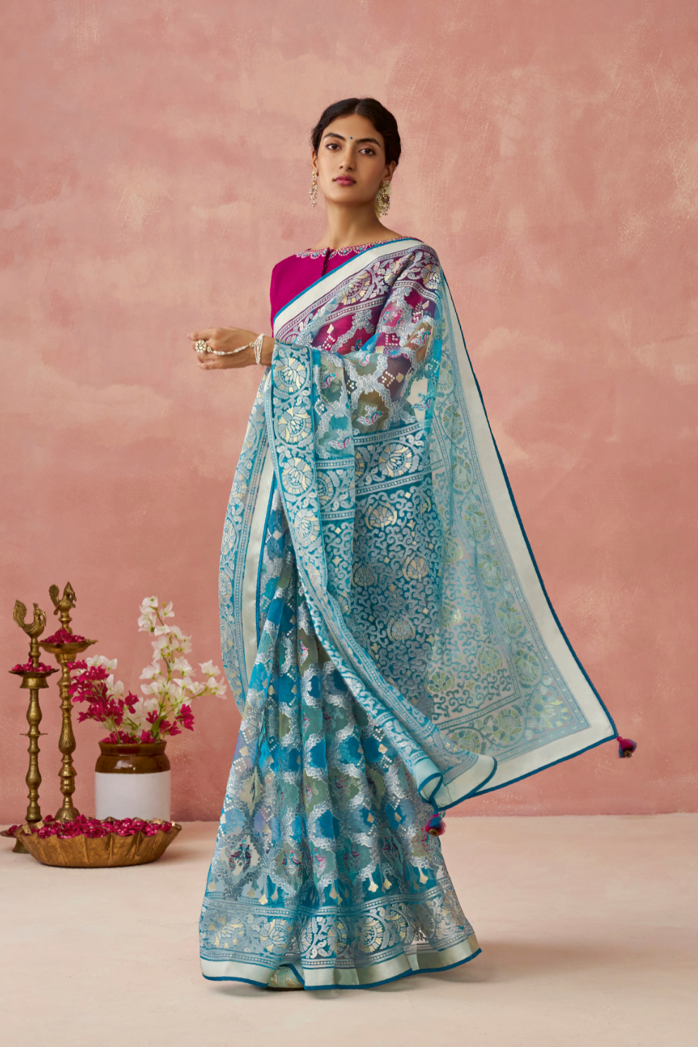 Brasso Teal Printed Saree for Elegant Festive Wear
