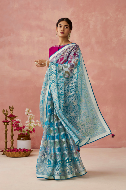 Brasso Teal Printed Saree for Elegant Festive Wear