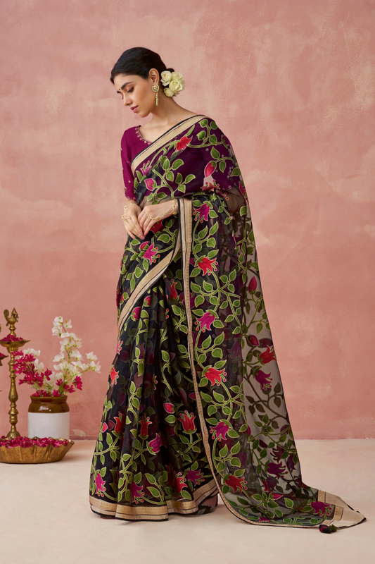 Brasso Teal Printed Saree for Elegant Festive Wear