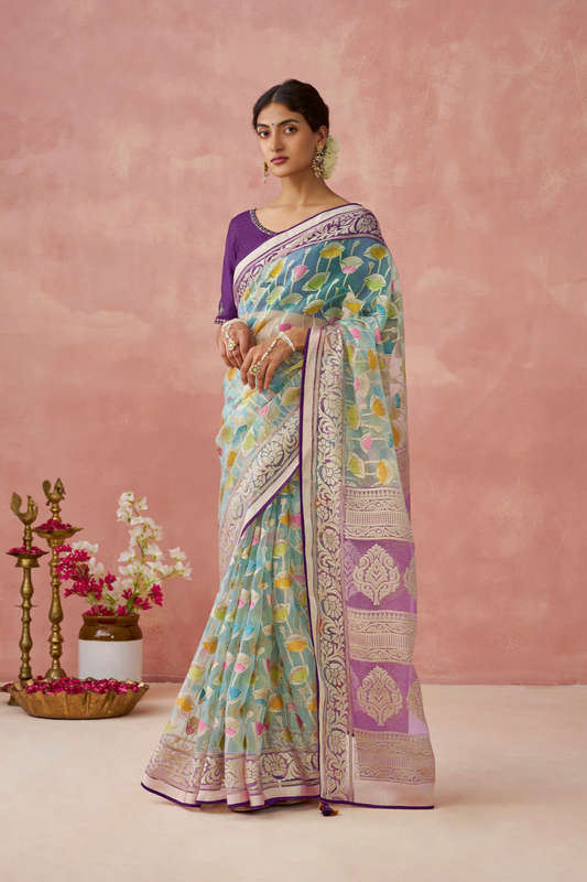 Brasso Teal Printed Saree for Elegant Festive Wear