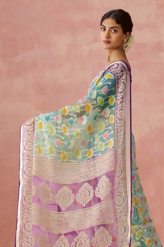 Brasso Teal Printed Saree for Elegant Festive Wear