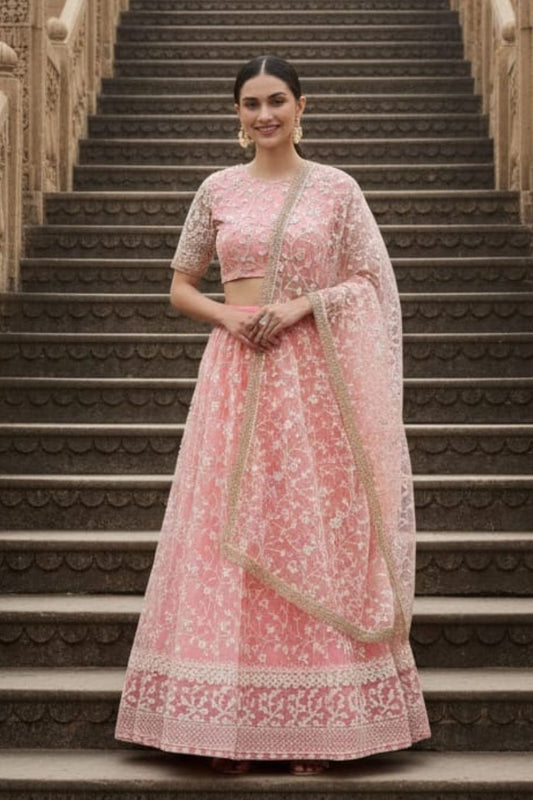 Pure georgette Light Pink Elegant Butterfly Net Lehenga with Intricate Embroidery