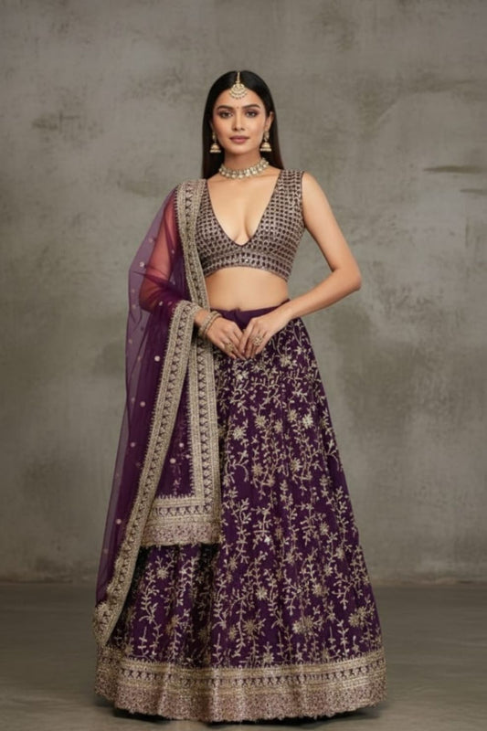 Designer Purple Reception Lehenga with Intricate Vine Embroidery