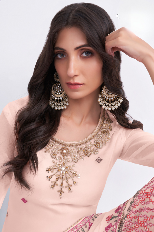 Elegant Peach Thread Embroidered Sharara Suit in Georgette