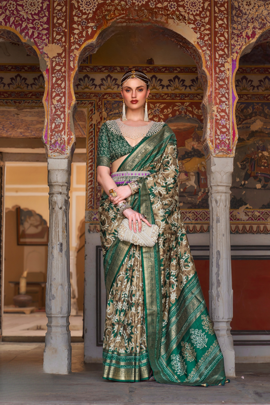 Designer Mercerized Silk Saree with Ajrakh-Batik Fusion and Golden Print