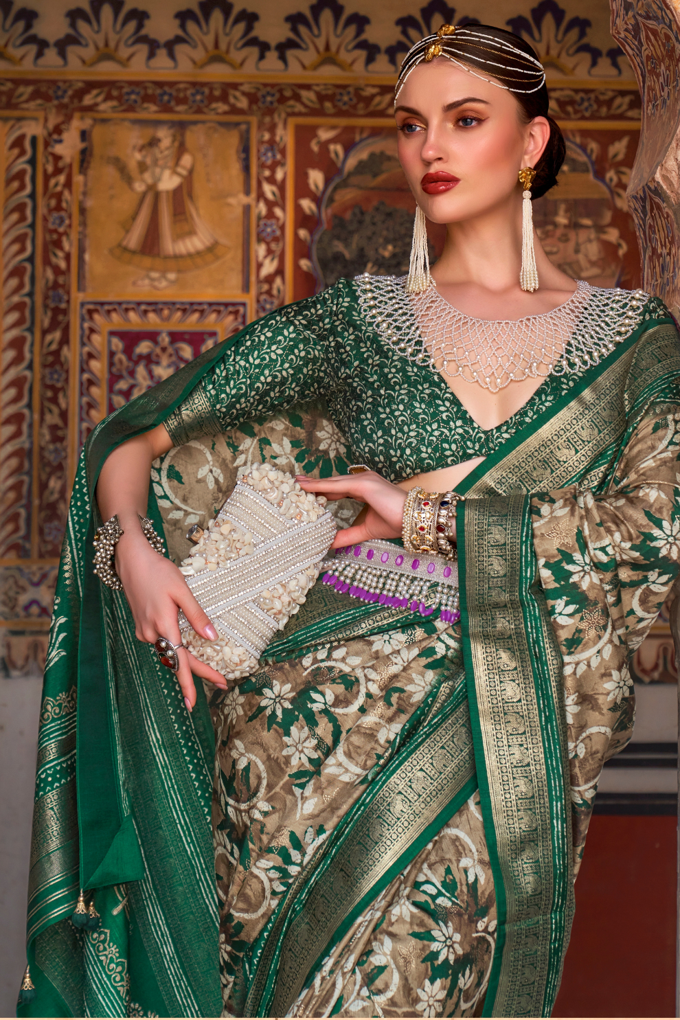 Designer Mercerized Silk Saree with Ajrakh-Batik Fusion and Golden Print