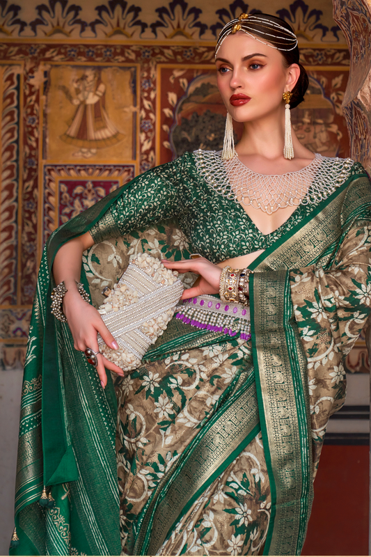 Designer Mercerized Silk Saree with Ajrakh-Batik Fusion and Golden Print