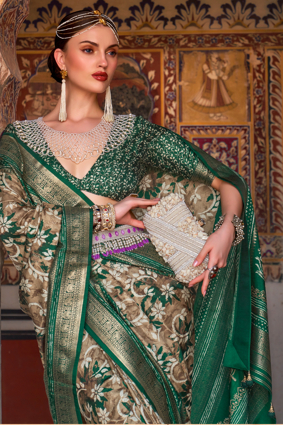 Designer Mercerized Silk Saree with Ajrakh-Batik Fusion and Golden Print