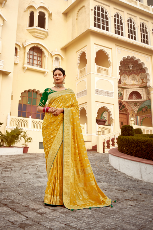 Banarasi Silk Saree with Elegant Contrast Blouse Design