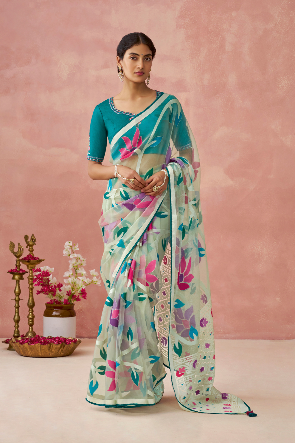 Brasso Teal Printed Saree for Elegant Festive Wear