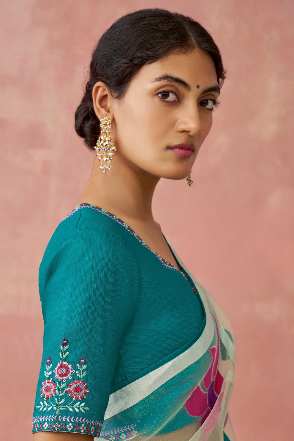 Brasso Teal Printed Saree for Elegant Festive Wear