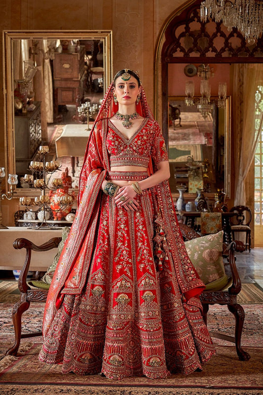 Scarlet Red Silk Bridal Lehenga Scalloped Border Kamarband Elegant