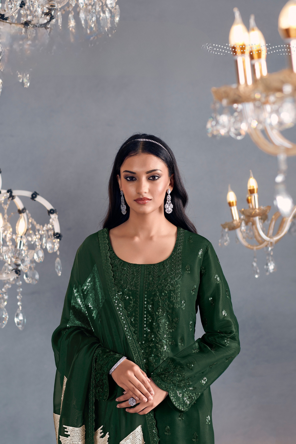 Green Russian Silk Designer Salwar Suit with Tonal Embroidery Elegance