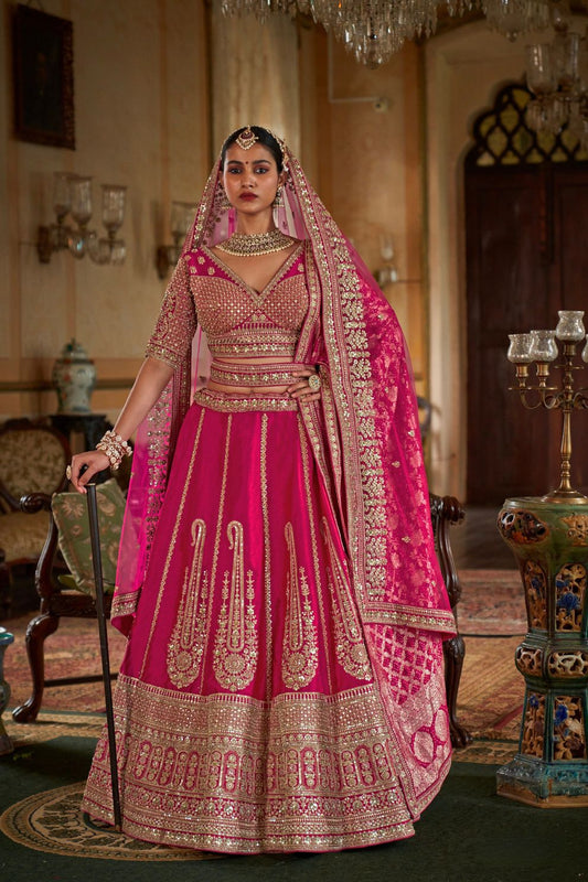 Rani Pink Silk Bridal Lehenga with Double Dupatta Zari Hand Embroidery