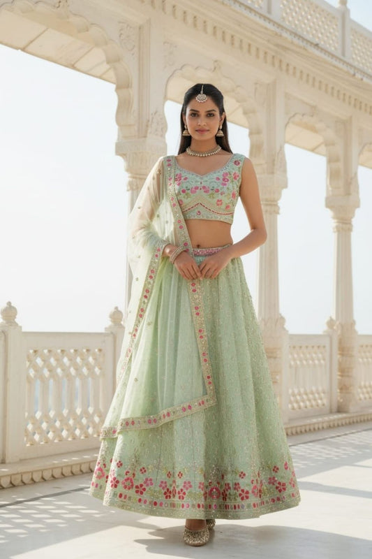 Pista Green Embroidered Georgette Lehenga Choli with Dupatta