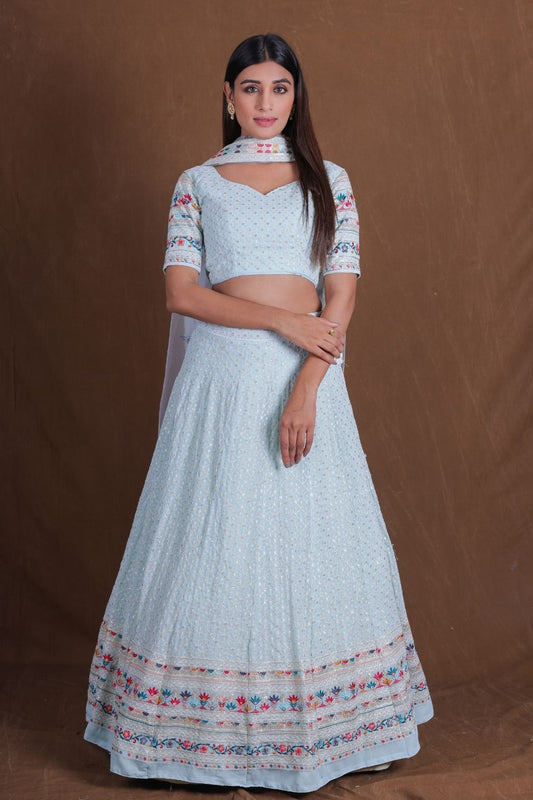 Sky Blue Georgette Multi-Thread and Sequin Embroidery Lehenga Choli