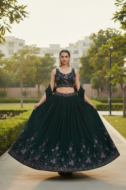 Dark Green Georgette Embroidered Lehenga Choli with Multi-Color Floral Sequin Work