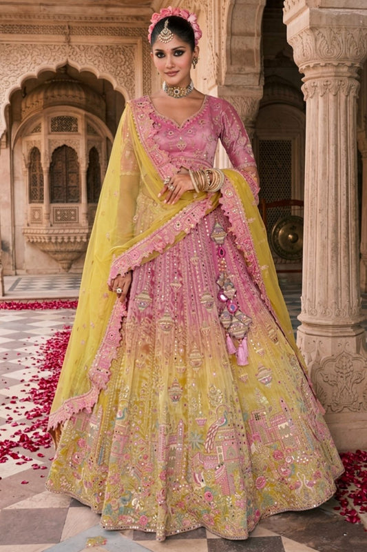 Mustard Yellow and Peach Embroidered Silk Bridal Lehenga Choli
