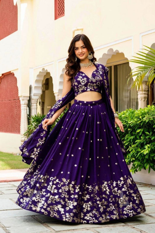 Semi-Stitched Purple Georgette Wedding Lehenga with Gold Zari Border