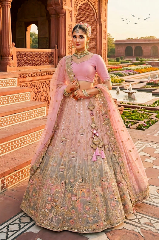 Dusty Pink and Grey Ombre Silk Bridal Lehenga with Thread and Moti Work