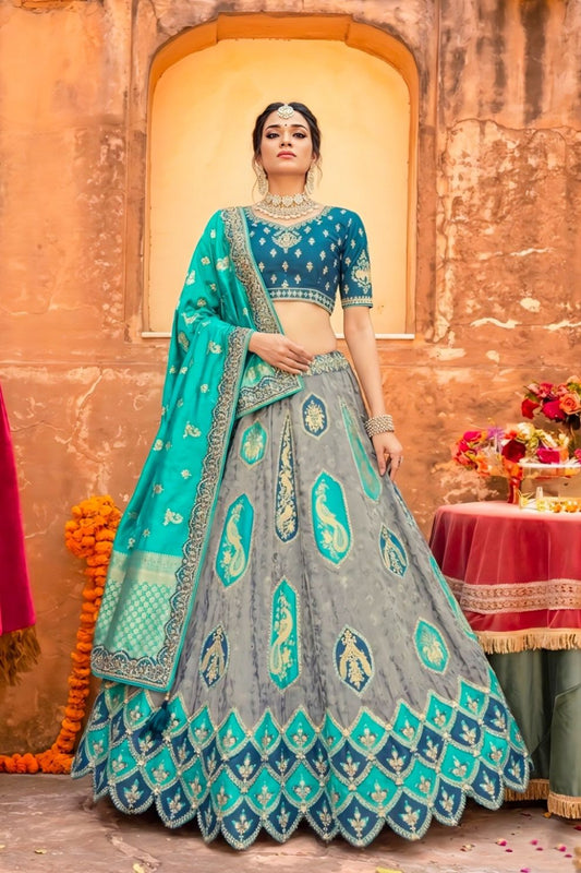 Royal Grey & Teal Silk Wedding Lehenga Choli with Zari & Stone Work
