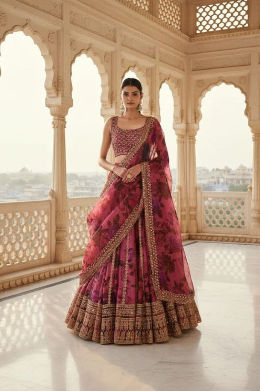 Zari & Sequins Work Floral Printed Organza Lehenga with Embroidered Choli and Dupatta