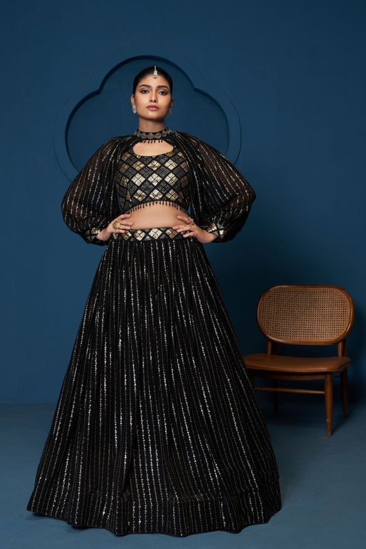 Designer Black Thread & Sequin Work Lehenga Choli with Embroidered Cape Jacket