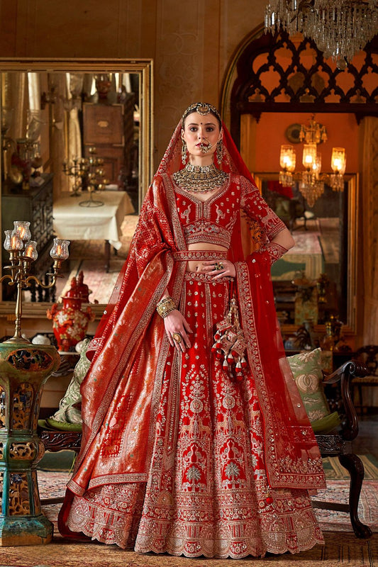 Heritage Scarlet Red Silk Bridal Lehenga with Scalloped Border & Kamarband
