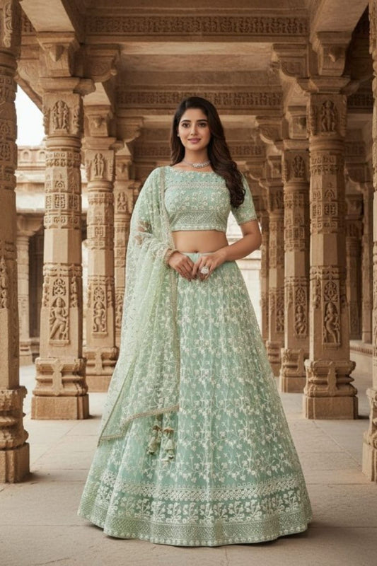 Pista Green Soft Net Thread Embroidery Work Lehenga Choli