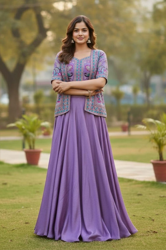 Lavender Pure Vichitra Silk Lehenga Choli with Heavy Embroidered Koti Jacket