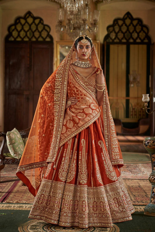 Rust Orange Silk Bridal Lehenga with Double Dupatta Zari Handwork