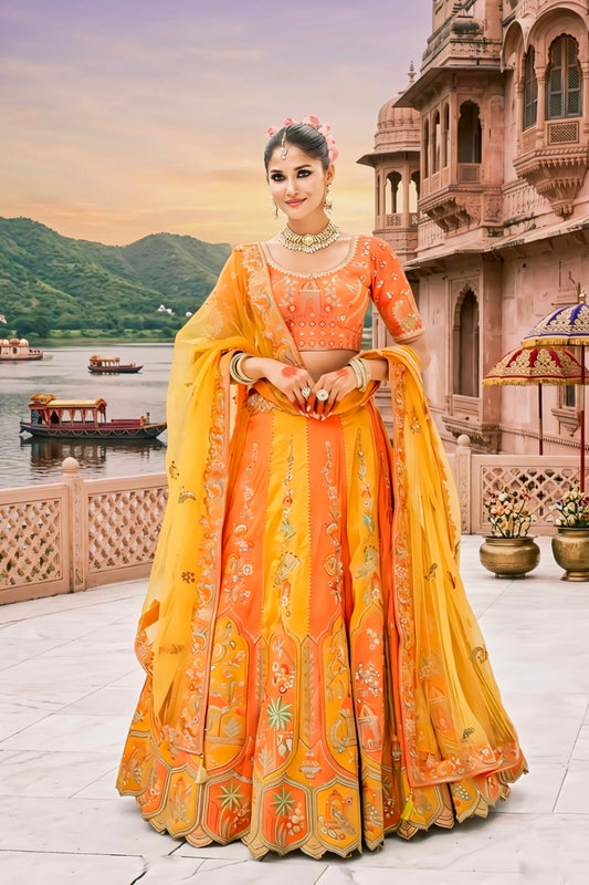 Orange & Mustard Yellow Zari Tissue Embroidered Lehenga Set